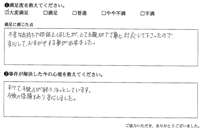 不安な気持ちで相談をしましたが、とても親切で丁寧に対応して下さった