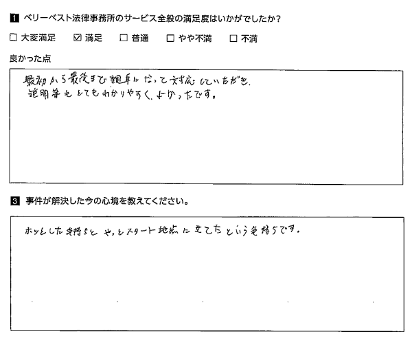 親身になって対応していただき、説明等もとてもわかりやすく、よかった